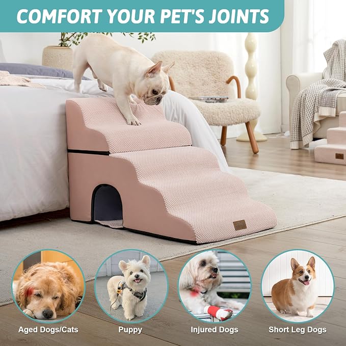 COZY KISS Extra Wide Dog Stairs with Tunnel, Detachable Large Pet Step for Small Medium Dog, Puppy or Cat, Ramp for High Bed, Couch, Sofa or Car, Stable, 19.7x33x22.4 inch, 5 Step, Pink