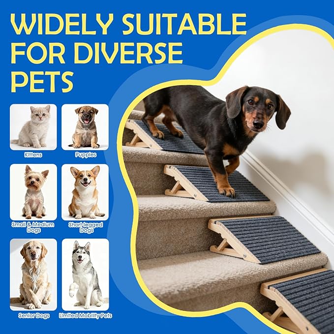 Adjustable Dog Ramp for Stairs, 2-Height Foldable Wooden Pet Steps | 4 Pack, 4.3"/5.5"H, Gentle on Joints, for Small & Senior Dogs, with Anti-Slip Carpet, Solid Wood, 170 lbs, No Assembly