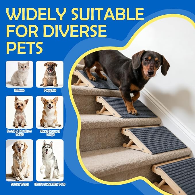 Adjustable Dog Ramp for Stairs, Foldable Wooden Dog Steps Anti-Slip | 3 Pack, Switch 4.3" or 5.5" Height, No Assembly, Gentle on Joints, for Senior & Injured Dogs, Natural Wood, 170 lbs