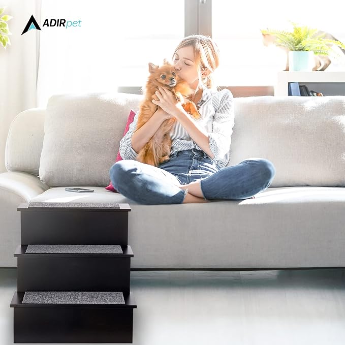 AdirPets Deluxe 3-Step Pet Stairs with Non-Slip Surface and Carpeted Treads - Sleek Pet Steps for Small Dogs, Cats, Elderly or Disabled Pets - Supports Up to 175lbs Weight - Black