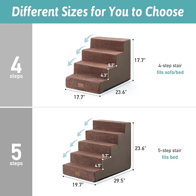 COZY KISS Dog Stairs for Small Dogs, 17.7" Extra Wide Right-Angle Pet Stairs for Couch and Beds, Anti-Slip Dog Steps for Old Cats and Lowrider, 17.7x23.6x17.7 inch, Brown