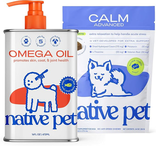 Native Pet Advanced Calming Chews for Dogs & Omega 3 Fish Oil for Dogs & Cats - Wild Alaskan Salmon Oil Supports Joints, Heart, Reduces Shedding, & Anxiety Related Behavior