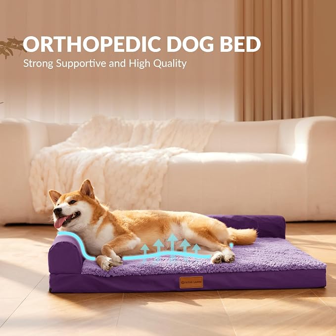 Patas Lague Orthopedic Dog Bed Large Sized Dog 36''X24'', Waterproof L Bolster Medium Pet Sofa Beds with Removable Washable Cover, Soft Pet Couch Crate Mat with Nonskid Bottom, Purple