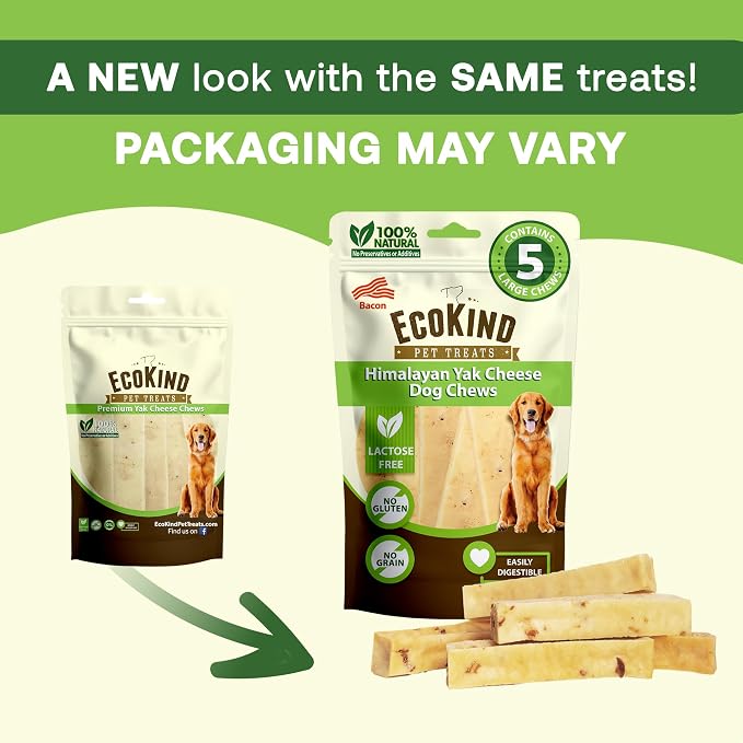 EcoKind Yak Cheese Himalayan Dog Chews, Yak Chews for Large Dogs, Long Lasting Bone for Aggressive Chewers, 4 Ingredients, Natural High Protein Treats, No Additives, Bacon, Large - 12+ Chews (3 lbs)