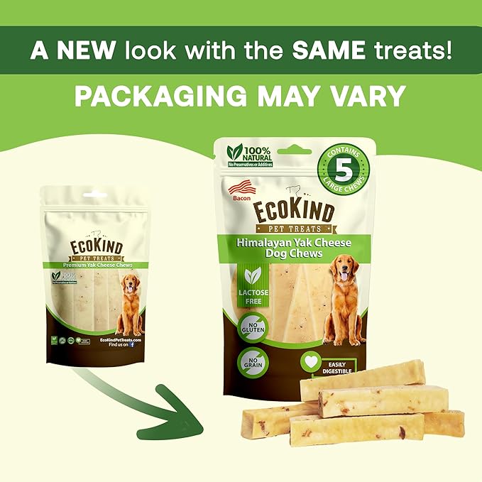 EcoKind Yak Cheese Himalayan Dog Chews, Yak Chews for Small Dogs, Long Lasting Bone for Aggressive Chewers, 4 Ingredients, Natural High Protein Treats, No Additives, Lactose Free, Bacon, Small 8 Chews