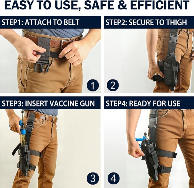 50mL Adjustable Repeater Syringe + Heavy Duty Belt Holster Continuous Injector (1-5mL) & Hands Free Carrier Bundle for Cattle, Sheep & Swine, Blue Syringe & Black Holster