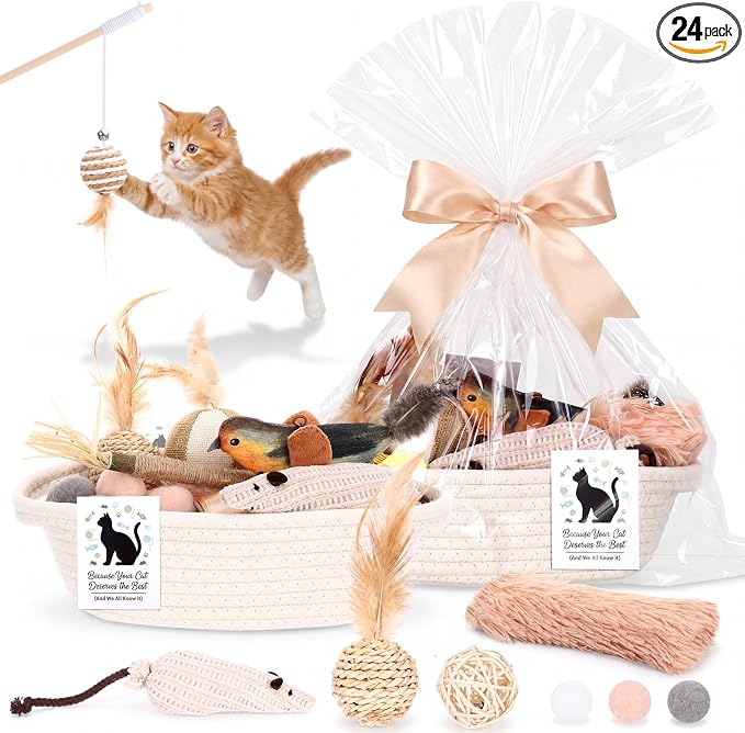 Supervitae 24 in 1 Kitten Toys for Indoor Cat Storage Basket Gift Toys Set Hanging Interactive Cat Toy Matatabi Stick and Crinkle Balls Teething Toy, Attract Kitten to Swat Hunt for Pet Indoor