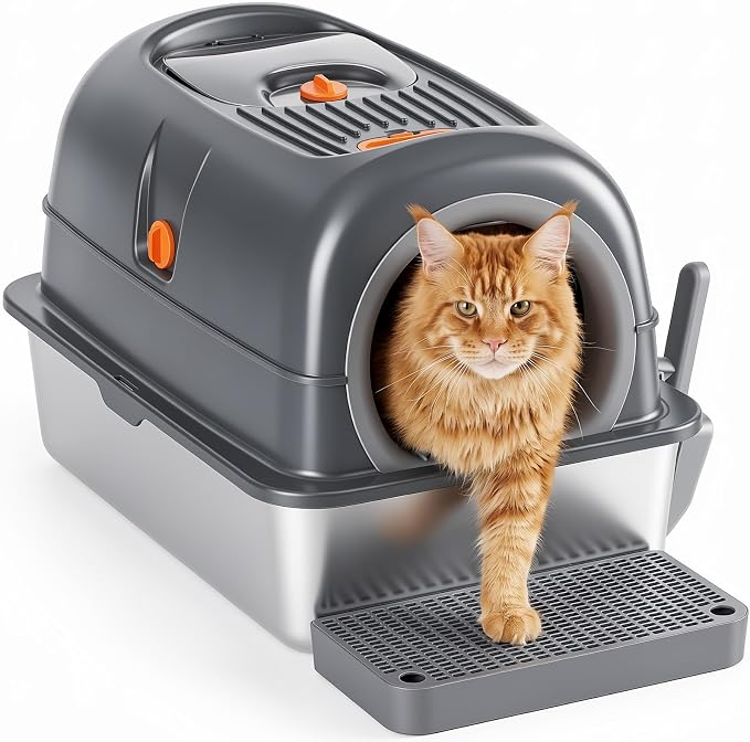 Extra Large Cat Litter Box with Lid, Stainless Steel Litter Box for Big Cats, Enclosed High Sided Kitty Pan with Scoop & Mat, Front & Top Entry with Door, Grey