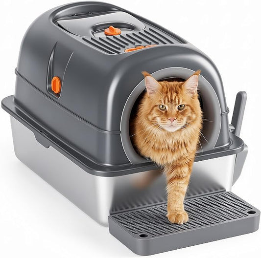 Extra Large Cat Litter Box with Lid, Stainless Steel Litter Box for Big Cats, Enclosed High Sided Kitty Pan with Scoop & Mat, Front & Top Entry with Door, Grey