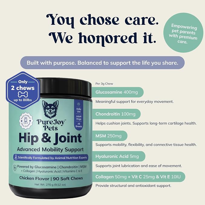 Advanced Hip & Joint Chews for Dogs - Glucosamine, Chondroitin, MSM & Collagen - Joint Support & Daily Mobility for Senior, Adult, Large & Small Dogs - 90 Soft Chews, Chicken Flavor.