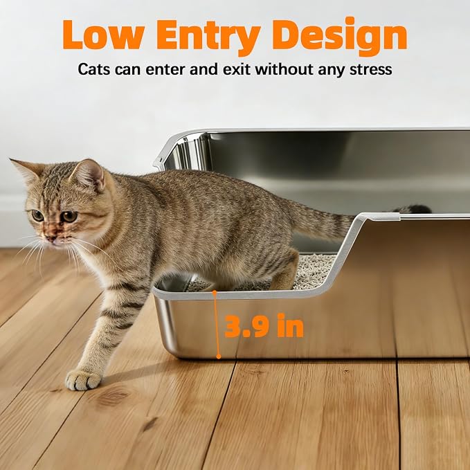 Stainless Steel Litter Box,Extra Large High Sided Litter Box for Indoor Big Cats,XL Jumbo Metal Cat Litter Boxes with Low Entry for Kittens & Senior Cats,Splash-Proof,Easy to Clean (Corner Entry)