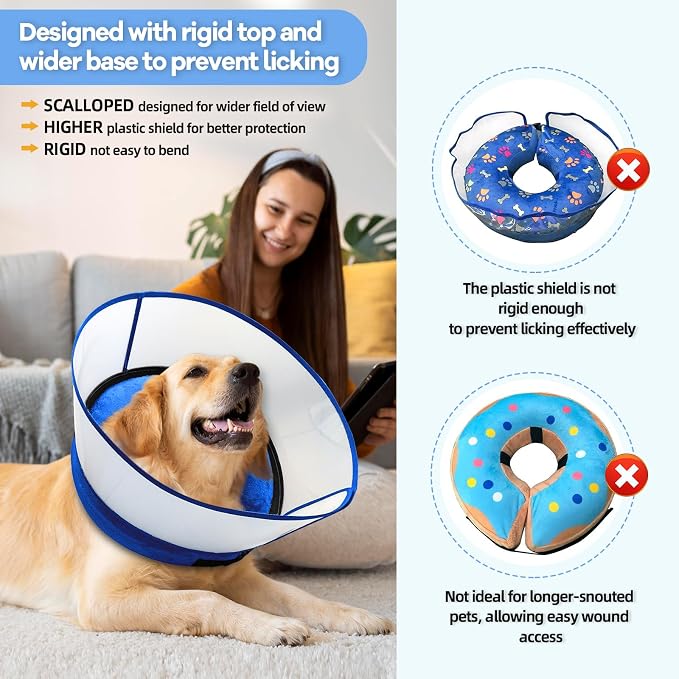 2-in-1 Inflatable Dog Cone Collar with Detachable Anti-Licking Shield, Soft Adjustable Elizabethan Collar for Dogs After Surgery (M, Blue)