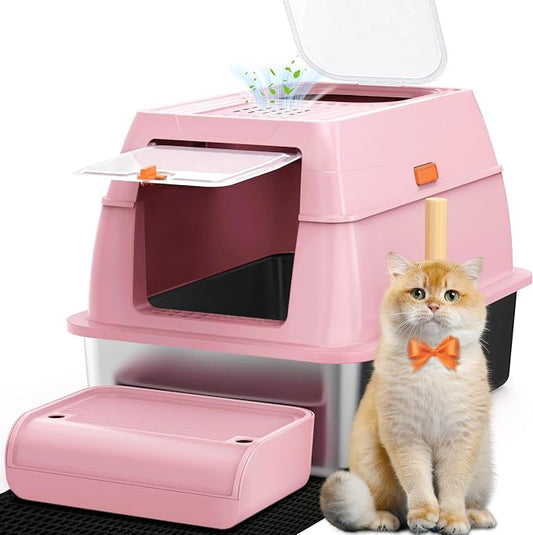 SZEE XL Stainless Steel Litter Box with Lid, Extra Large Metal Covered Litter Box, Stainless Box Easy Clean, Activated Charcoal Odor Control Design, Includes Litter Scoop & Mat & Step, Pink