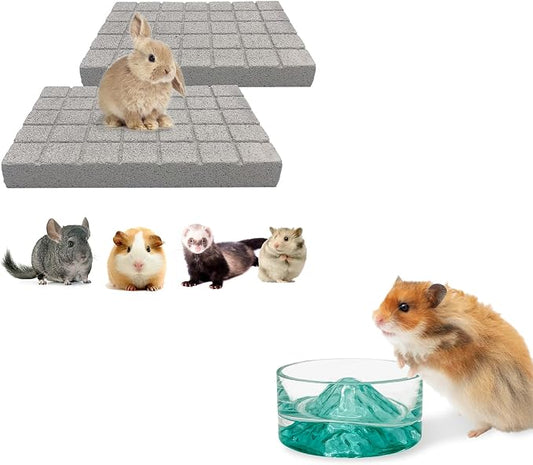 BNOSDM Rabbit Grinding Claw Pads Natural Hamster Lava Stone and Green Hamster Food and Water Bowl Mountain Fuji Style Glass for Hamsters Gerbils Mice Rats or Other Similar-Sized Pets