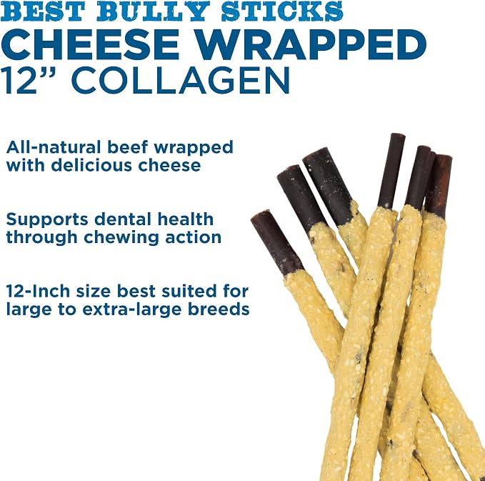 Best Bully Sticks Cheese Wrapped Beef Collagen Sticks - 12 Inch 12 Count (Pack of 1) - Natural, Long-Lasting, Limited Ingredient Treat, Supports Joints, Skin, Coat