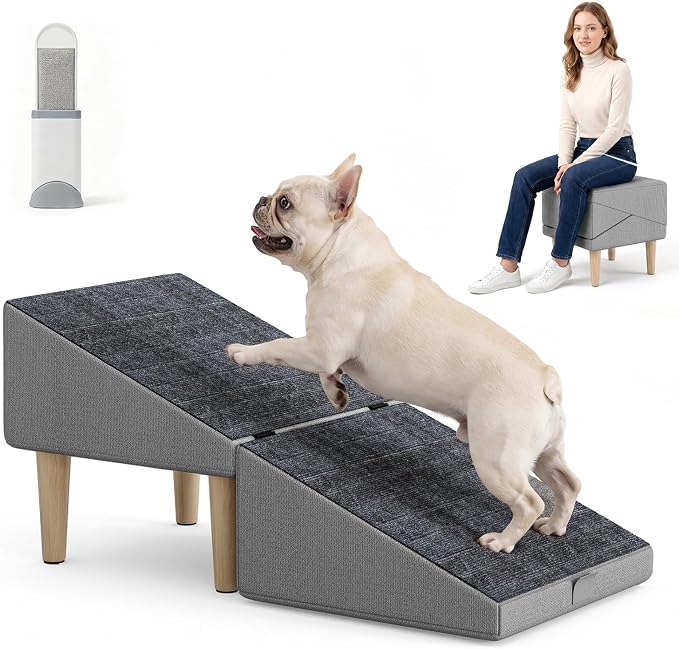 2-in-1 Folding Dog Ramp & Stairs for Small Dogs and Cats – Split Ottoman for Couch/Bed, with Removable Washable Anti-Slip Mat & Cleaning Brush (Light Grey Dog Ramp)