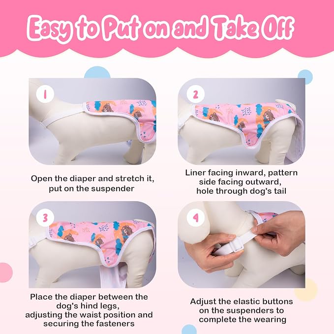 3 Pack Washable Female Dog Diapers with Adjustable Suspender, Reusable Sanitary Panties for Dogs in Heat, Leak-Proof Design for Small Dogs