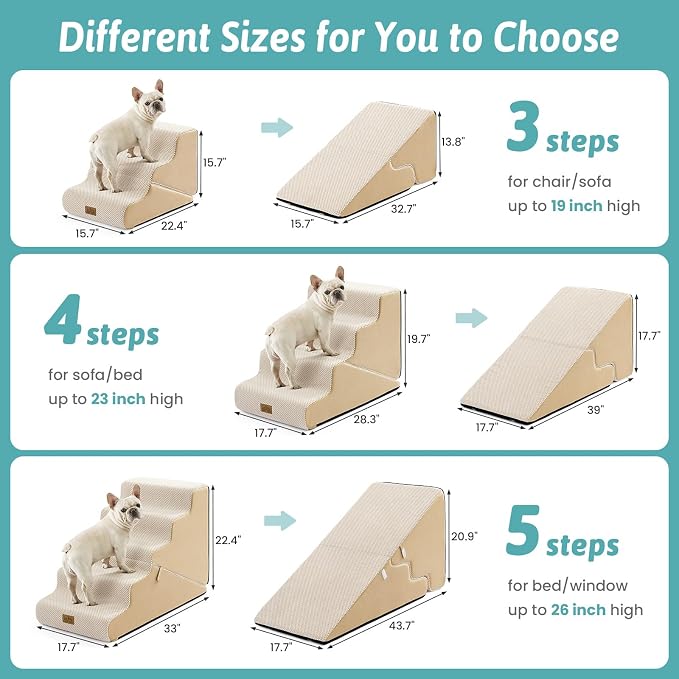 COZY KISS Dog Stairs for Small Dogs, 3-Step 2 in 1 Transformable Pet Stairs for Couch and Bed, 15.7" H Dog Steps for Old Cats, Puppy, Small Dogs (Beige, 17.7x28.3x19.7 in, 4.0)