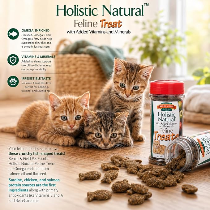 Bench & Field Holistic Natural Healthy Kitty Cat Treats | Crunchy Fish-Shaped Bites | Delicious Seafood Flavored Snack, 3-Ounce (Pack of 2 Bottles)