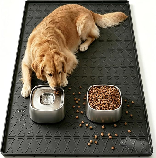 Large Silicone Dog Food Mat with Raised Edge, Waterproof Non-Slip Pet Feeding Mat for Floors, Dog Bowl Mat for Food and Water, Spill Proof Cat & Dog Feeding Placemat, Easy Clean, 34 x 22, Black
