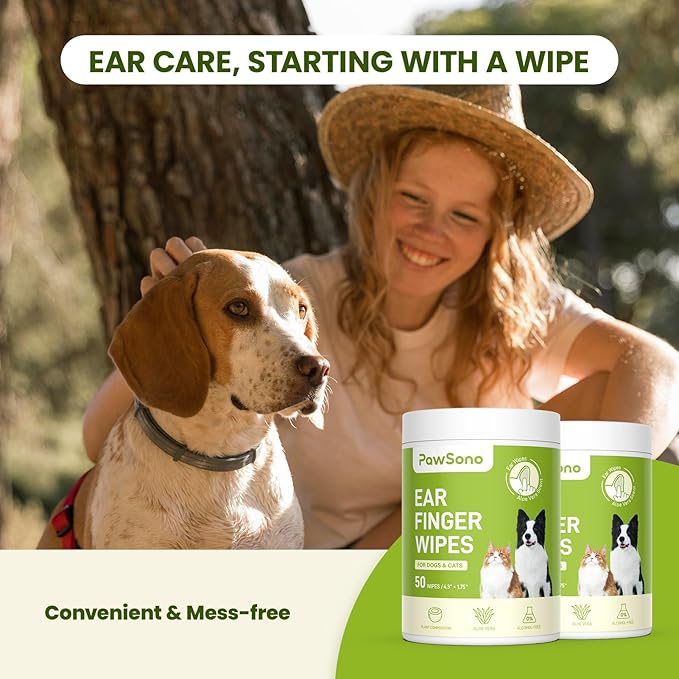 PawSono Ear Finger Wipes Eye Wipes for Dogs & Cats, Thicker Dog Ear Cleaner Wipes, Natural Relief Cat Ear Cleaner Dog, Pet Health Supplies for Dog Kitten Small Animal, Aloe Scent Deodorizing - 100 P