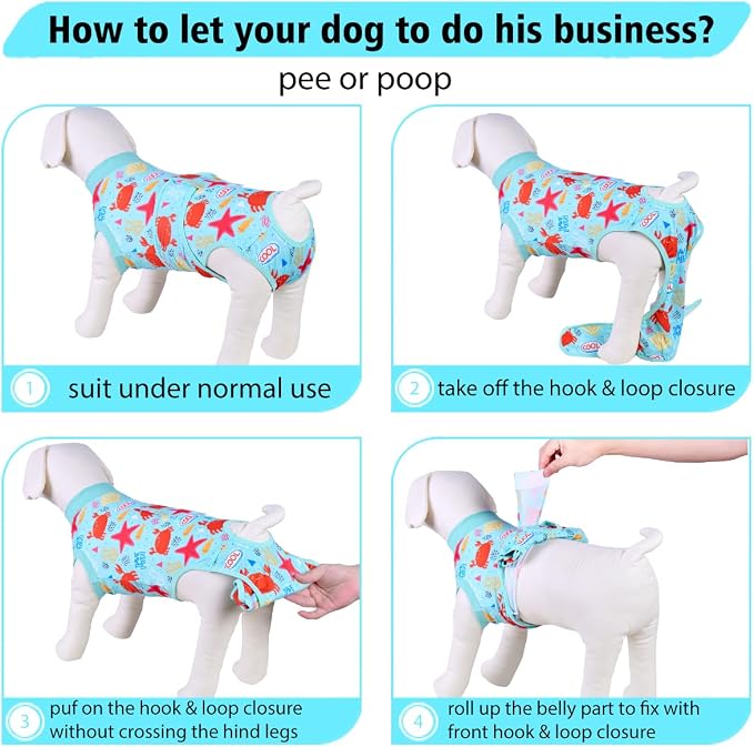 PetWarm Recovery Suit for Dogs, Surgical Suit for Dogs Female Spay Male Neutered, Dog Onesie for Surgery, Anti-Licking Dog Surgery Recovery Suit, Marine Animal Patterns, Green, L