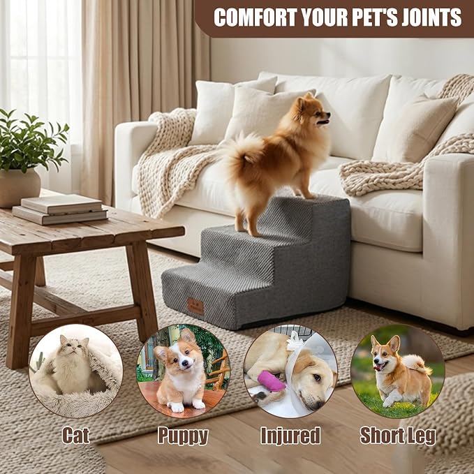 2 Pack Dog Stairs for Small Dogs 3-Step Pet Stairs for Bed Couch Chair Stool Non-Slip Pet Steps for Puppy Small Dogs Cat Older Pet Grey 13.6" H