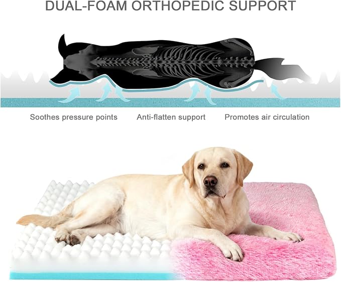 XL Orthopedic Dog Bed for Large Dogs, Dual-Layer Memory & Egg-Crate Foam, Washable Warm Winter Plush Cover, Waterproof Liner, Non-Slip Bottom, Crate/Kennel Pad, 44 x 32 Inch, Pink