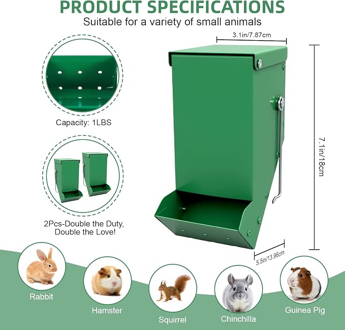 2 Packs Hay Feeder Rabbit, Metal Small Animal Feeder with Lid & Mesh Bottom, 3.1 Inch 1 LBS Capacity, Gravity Food Dispenser for Guinea Pigs Chinchillas, Cage or Outdoor Use, Green