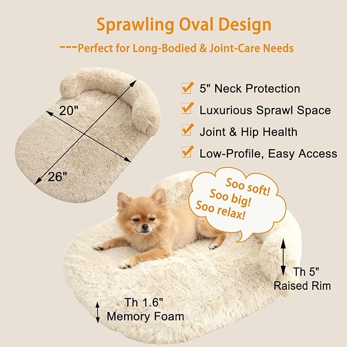 Orthopedic Dog Bed with Egg-Crate Base, Calming Dog & Cat Beds Long Plush with Raised Edges, Spine Friendly Pet Sleeping Mat for Small Medium Dogs, Machine Washable (Oval, Beige 26"x20")