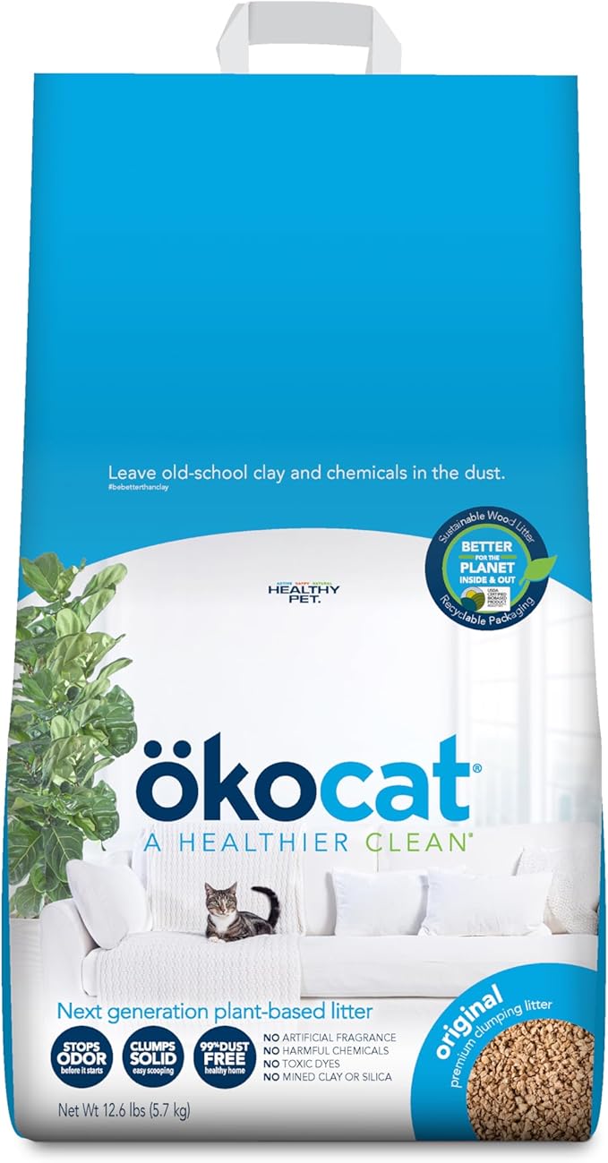 ökocat Original Wood Clumping Cat Litter, Unscented, 12.6 Pounds - Natural Ingredients, Stops Odor, Clumps Solid, 99% Dust Free, Lightweight Litter, Great for All Cats