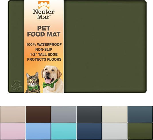 Neater Pet Brands Neater Mat Pet Mats for Food and Water, Cat & Dog Bowl Mat Waterproof Silicone, Feeding Tray, Dog Food Mats for Floors, Placemat w/Raised Edge for Under Bowls, 24" x 16", Olive