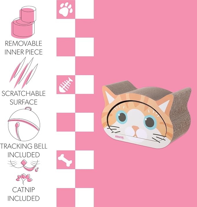 CSR1000C Opal 19" Modern Cardboard Happy Cat Head 2-in-1 Cat Cave Scratcher with Built-in Bell Toys and Catnip, Orange/Blue