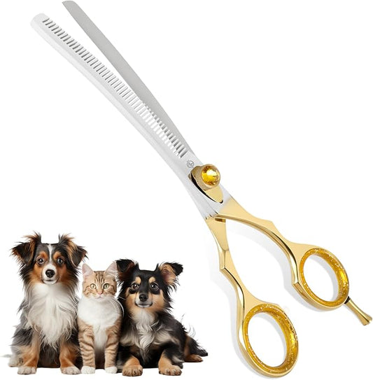 7.5” Curved Thinning Shears for Dogs and Cats – 34 Tooth Professional Pet Grooming Scissors – Smooth, Quiet Blending Shears for Face, Ears, Chest and Legs, Ergonomic Design for Home and Pro Use
