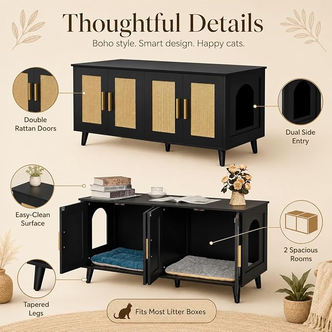 Homhedy Boho Cat Litter Box Enclosure for 2 Cats, Wooden Cat Washroom Furniture with Double Rattan Decorated Doors, Pet House,47.2”L x 19.7”W x 21.7”H, Black and Natural