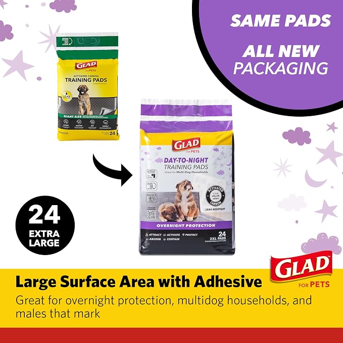 Glad for Pets Day to Night Activated Carbon Puppy Training Pads Odor Control Disposable Dog Pads Adhesive Wall Protection Leak Proof Super Absorbent 30 x 36 Inch 24 Count 2 Pack Indoor Training