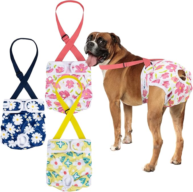 Pet Soft Dog Diapers Female with Suspenders, 3 Pack Reusable Female Dog Diapers for Heat, Dog Period Panties for Doggie in Cycle(X-Large, Flowers)