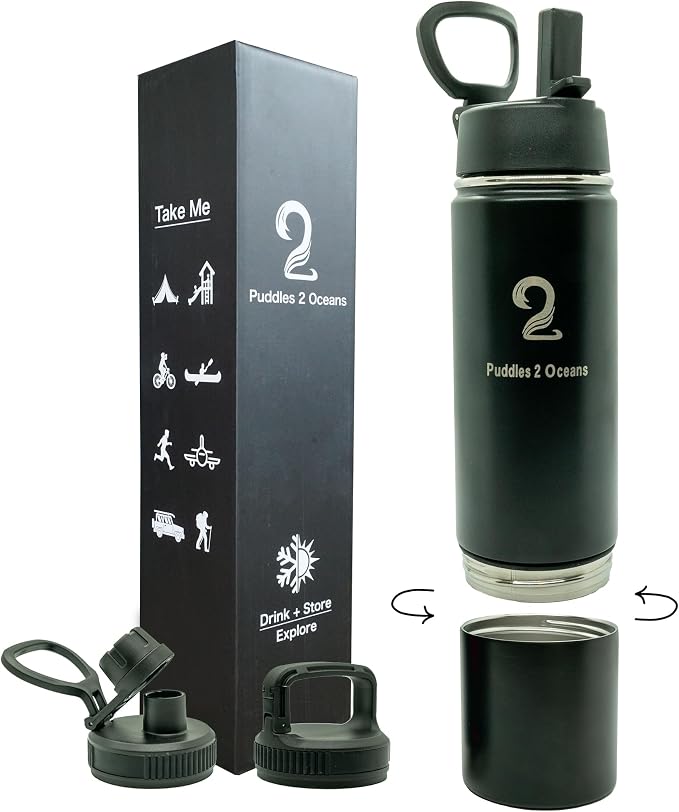 Insulated Water Bottle & Snack Container - Stainless Steel Water Bottle with Storage Compartment, 3 Lid Types BPA Free, Leak & Spill Proof Travel Bottle for Kids & Adults - Snack and Drink Cup