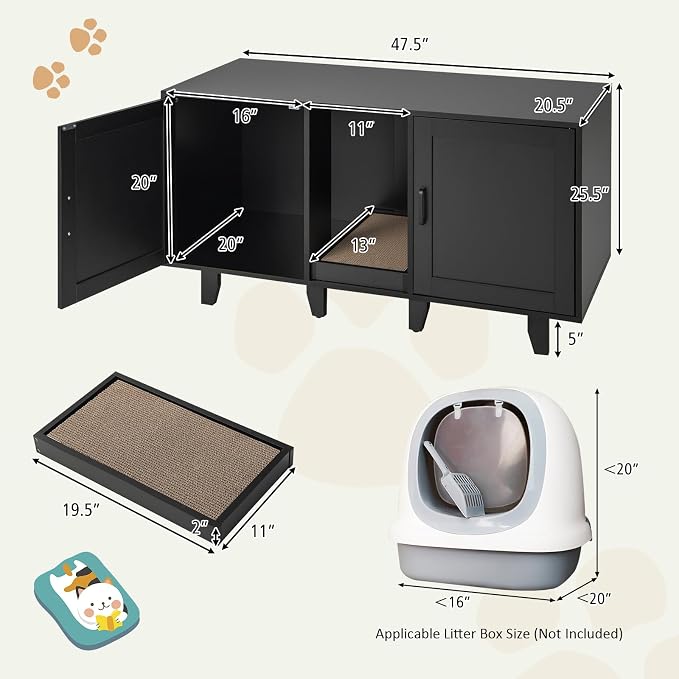Tangkula Patented Double Cat Litter Box Enclosure for 2 Cats, Large Hidden Privacy Cat Washroom Cabinet with Scratching Board, Indoor Cat House TV Stand Side Table, Litter Box Furniture (Black)