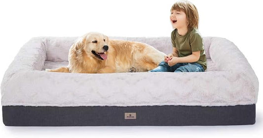Memory Foam Dog Bed, Extra Large Orthopedic Dog Sofa with Sides and Waterproof Liner, Washable Bolster Pet Bed Couch with Removable Cover, Jumbo Plus | 60 inch, Off-White