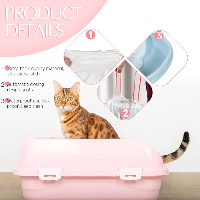 Sabary 30 Cat Litter Box Bags Jumbo Kitty Pan Liners with Drawstring Sturdy Hdpe Material for Cat Pet Waste Litter Box Tray, Pink (31 x 18 Inch)