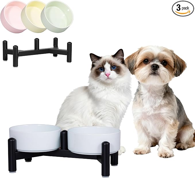 Elevated Ceramic Dog Bowl Set - Cute Double Dishes with Stainless Steel Stand – Raised Feeding Bowls for Cats and Small Dogs - Food & Water Set - 5" / 1.4 Cups (140 g / 260 ml) - Blue