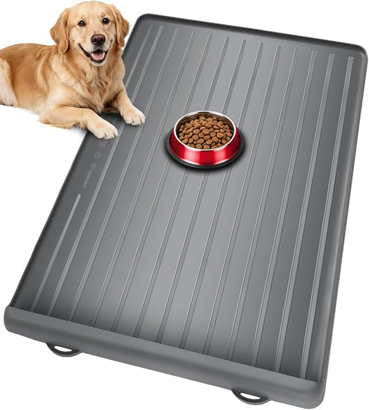 Dog Mat for Food and Water - 39.4" x 27" Large Pet Feeding Mats with Residue Collection Pocket - Waterproof Dog Cat Bowl Mat with High Edges to Prevent Water and Food Spills (Light Grey)