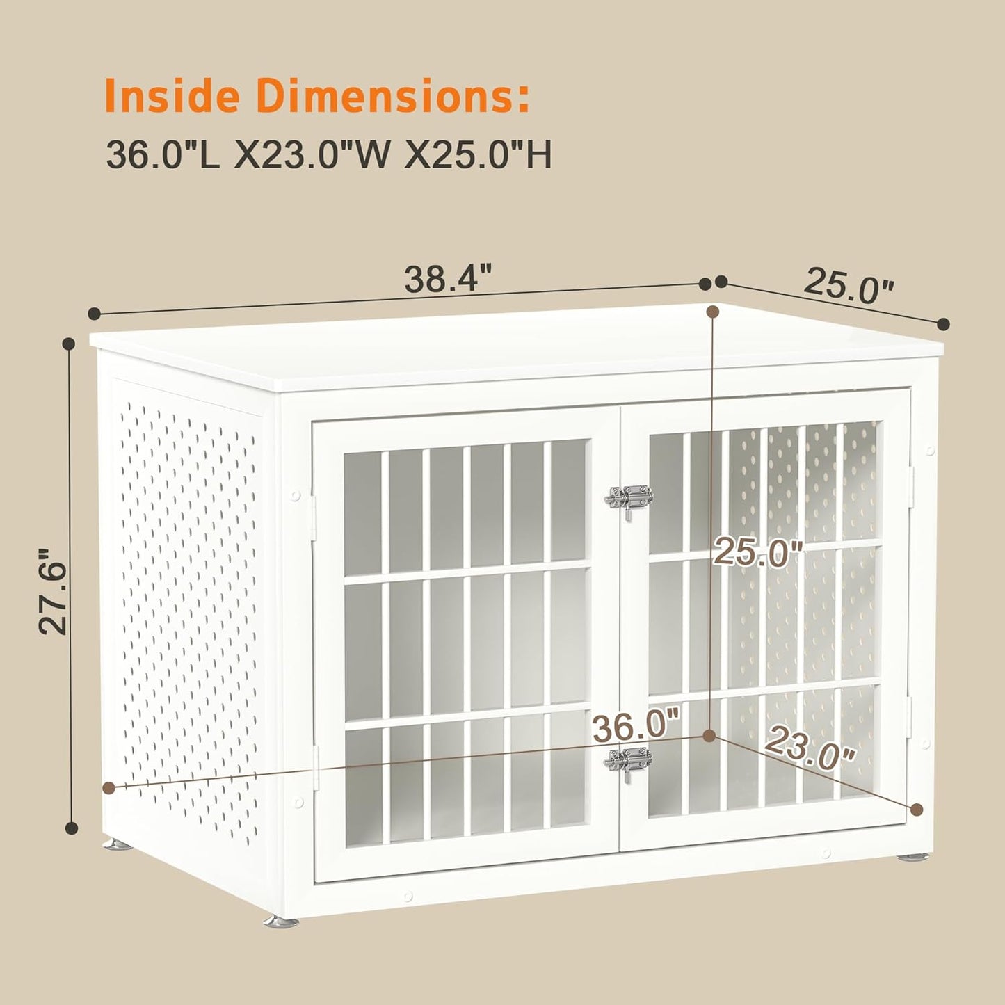 38" Heavy Duty Dog Crate Furniture for Large and Medium Dogs,Wooden Metal Kennel for High Anxiety Dogs, Chew Proof Pet Cage Indoor, Decorative Dog Kennel End Table, White