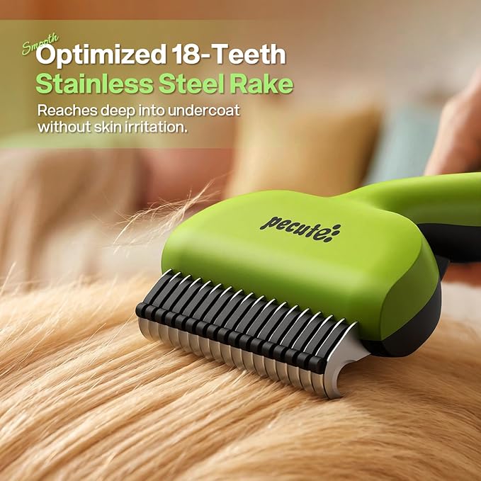 Pecute Self-Cleaning Undercoat Rake for Dogs Cats with Thick Double Coats | 1-click clean, 304SS, 18 rounded teeth, For seasonal heavy shedding & matting, Gentle on pets, Ideal for long/dense coats