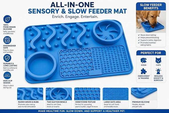 Silicone Dog Feeding Mat with Slow Feeder & Lick Pad for Dogs and Cats – Non-Slip Spill-Proof Pet Feeding Tray with Bowl Holder, Dishwasher Safe, Support, 12 x 8 Inch Blue