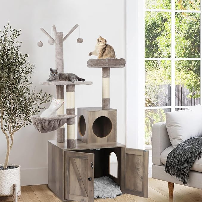 Timberer Litter Box Enclosure with Cat Tree, 2-in-1 Cat Tree Tower, Hidden Cat Litter Box Furniture with Scratching Post, Modern Cat Condo, Grey