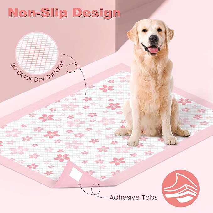 MIZOK Dog Pee Pads Extra Large 28"x34", Potty Pads for Big Dog Breeds, Super Absorbent & Leak-Proof, Pink Cherry Blossom Prints, Thick & Heavy, 4-Corner Adhesive Tabs, XL (50 Counts)