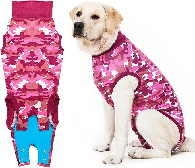 Suitical Recovery Suit for Dogs | Spay and Neutering Dog Surgery Recovery Suit for Male or Female | Soft Fabric for Skin Conditions | M+ | Neck to Tail 24.0”-28.3” | Pink Camouflage