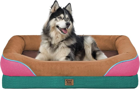 Chez Paw XXL Orthopedic Dog Bed for Extra Large Dogs, Extra Thick Egg-Crate Foam Waterproof Pet Couch with Removable Washable Cover, 4-Sided Bolster & Non-Slip Bottom, Brown Mint 45"x35"x7.5"